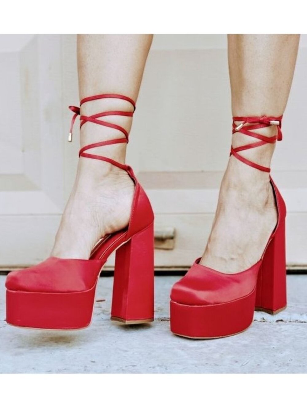 Womens Satin Platform Chunky Lace Up Heels Red Color